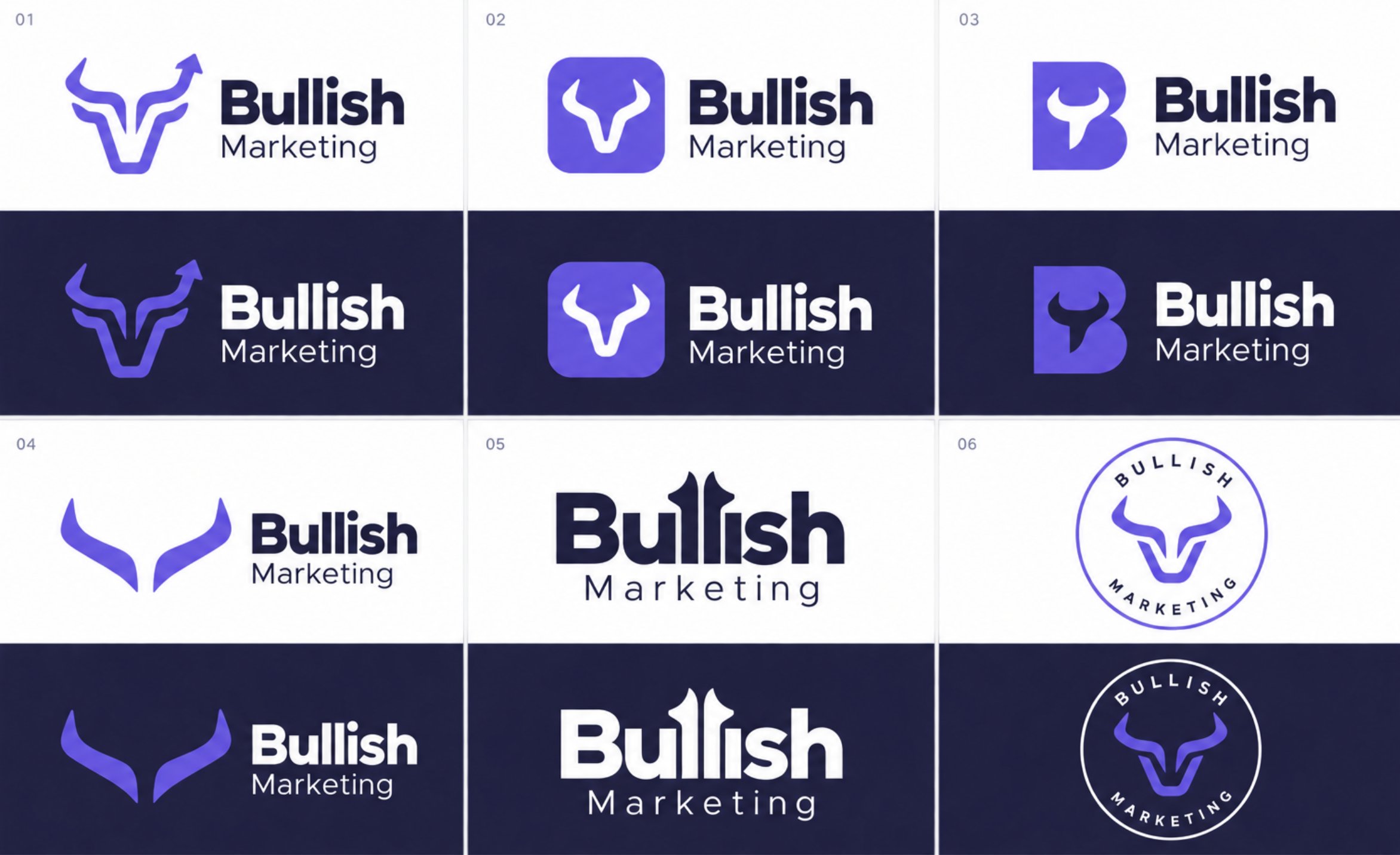 Six logo directions explored for Bullish Marketing